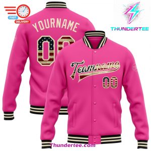 Custom Pink Vintage USA Flag CreamBlack Bomber FullSnap Varsity Letterman Jacket 1