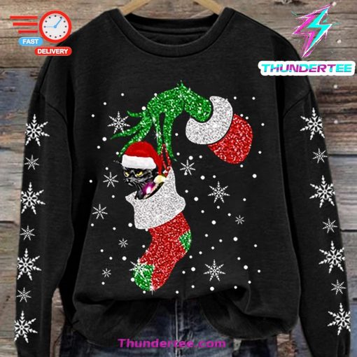 Women’S Christmas Funny Cat Snowflake Print Sweatshirt