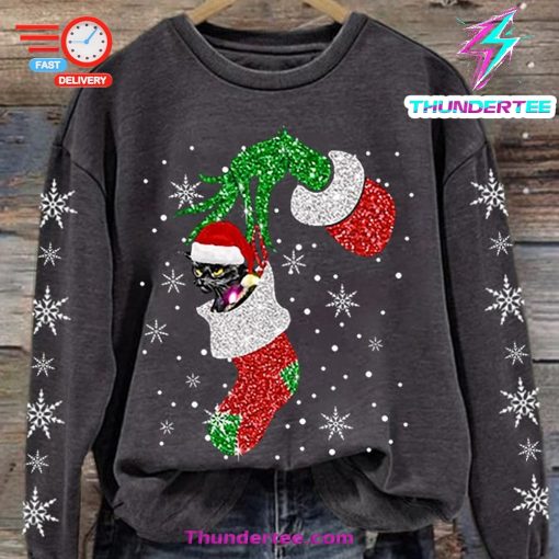 Women’S Christmas Funny Cat Snowflake Print Sweatshirt