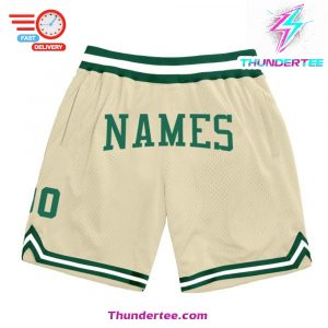 Mens Custom Cream Kelly GreenWhite Authentic Throwback Basketball Shorts