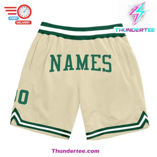 Men’s Custom Cream Kelly Green-White Authentic Throwback Basketball Shorts